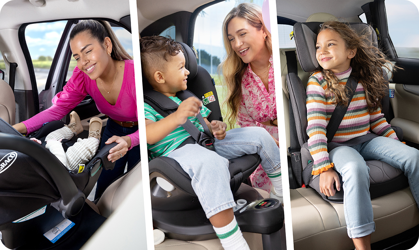 Young girl laughing while buckled into Energi i-Size R129  2-in-1 harness booster car seat.