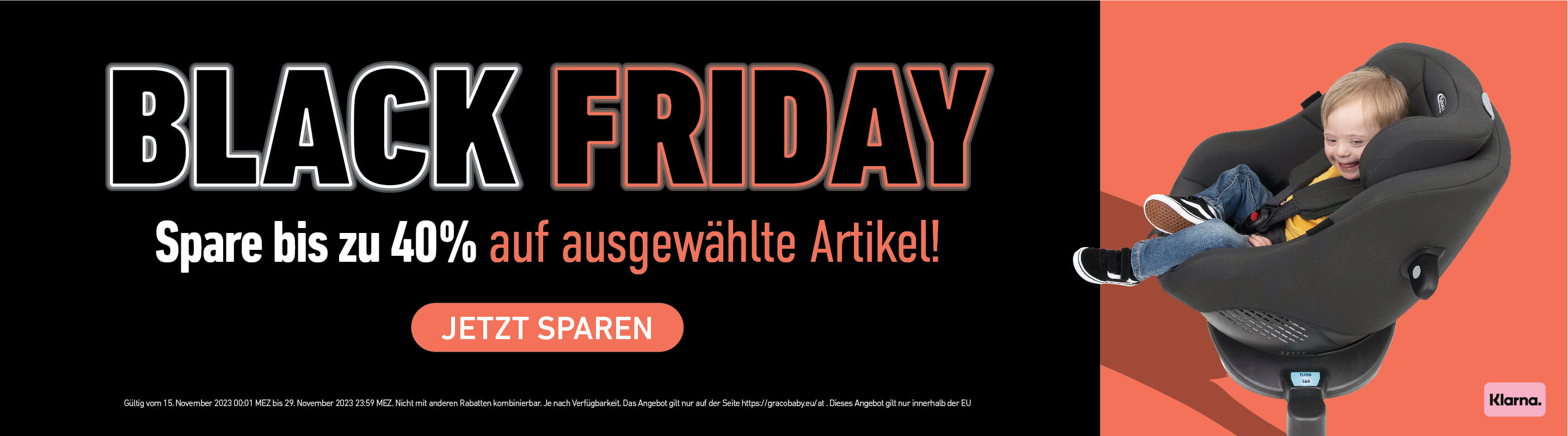 Kleiner Junge sitzt im Kindersitz Graco Turn2Me i-Size R129, darauf der Text 'Black Friday'