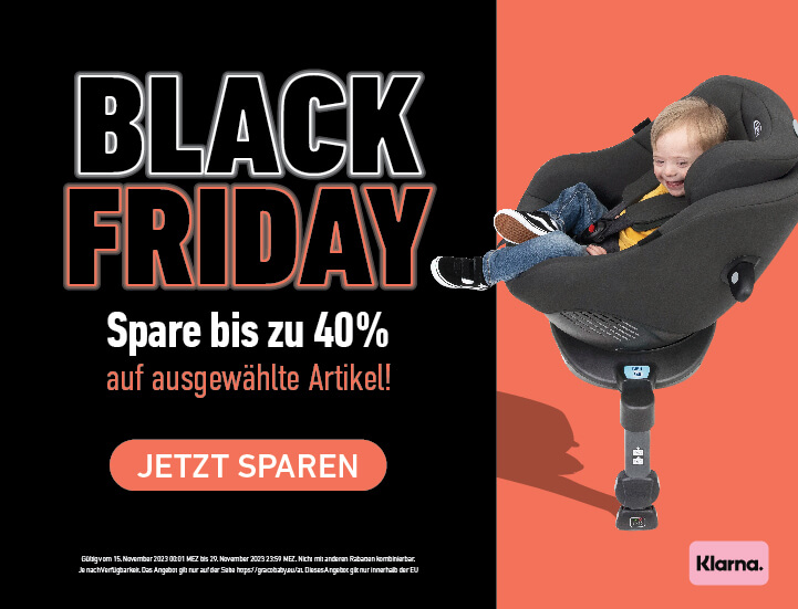 Kleiner Junge sitzt im Kindersitz Graco Turn2Me i-Size R129, darauf der Text 'Black Friday'