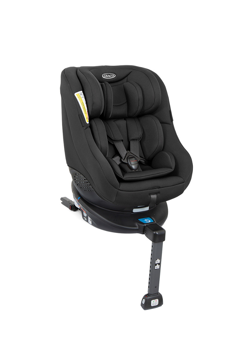 Graco Turn2me 360 degree rotating car seat front angle right view with load leg and harness 