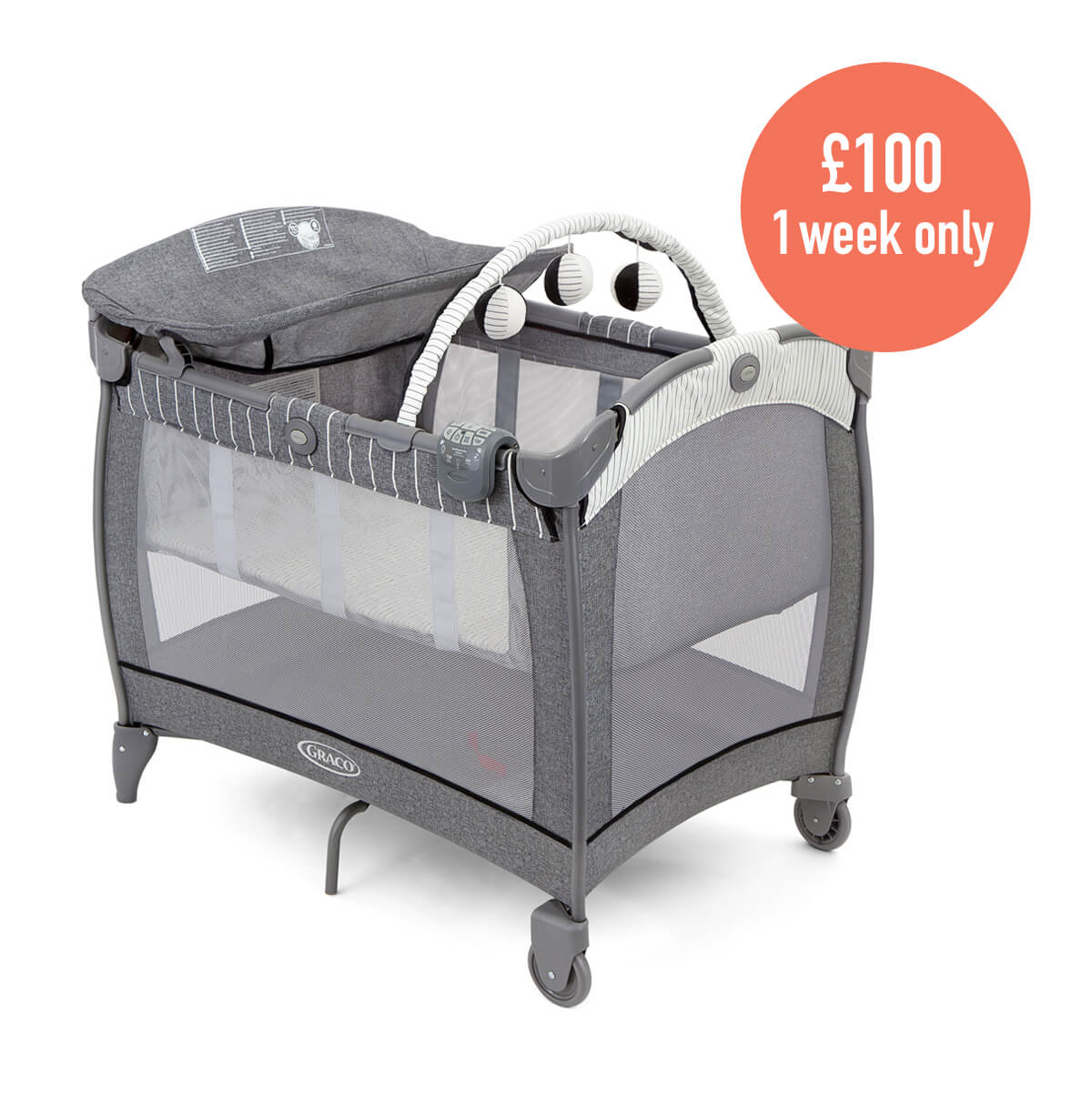 Graco Contour® Electra with removable bassinet and changing table three quarter angle with 100 1 week only text