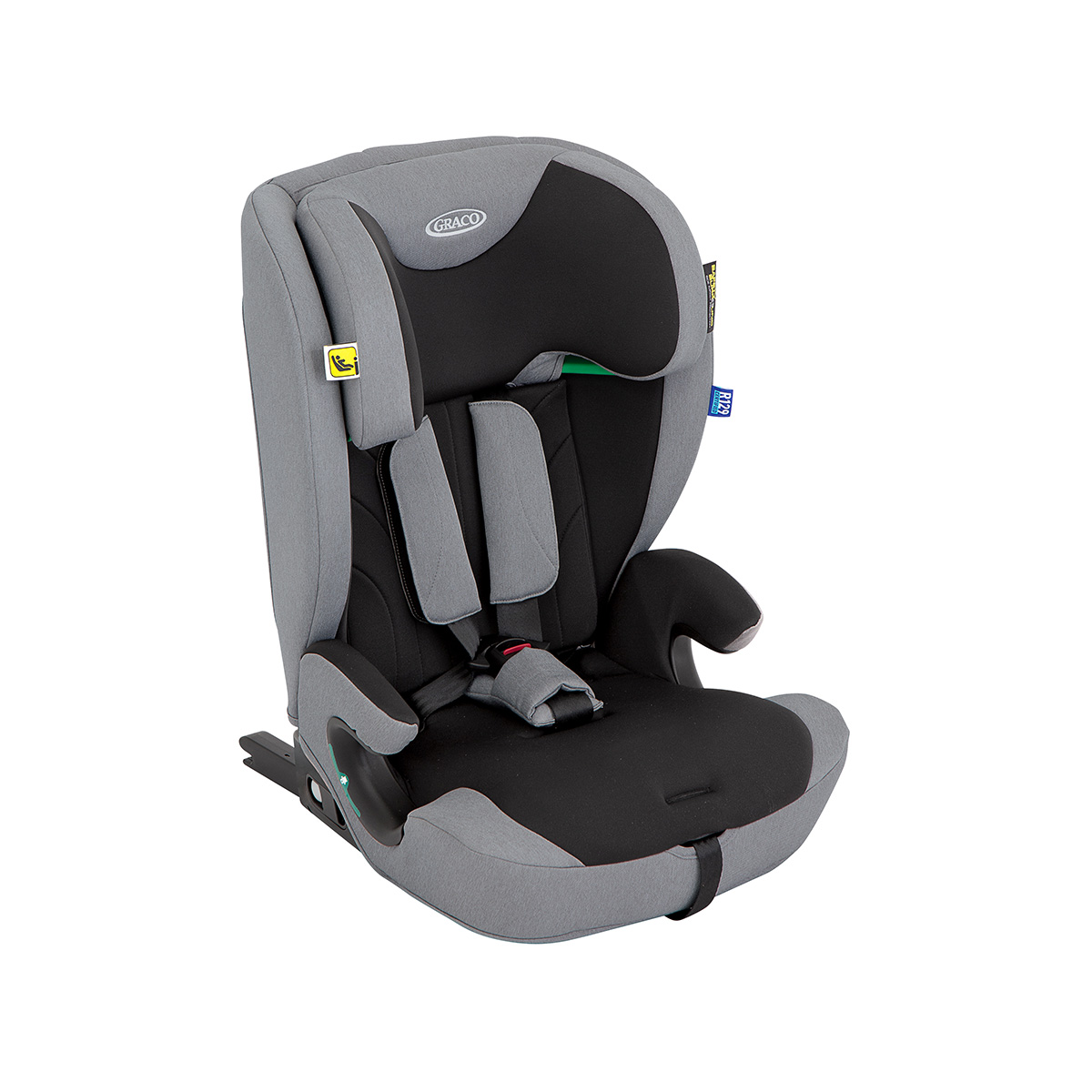Dreiviertelwinkel des mitwachsenden 2-in-1 Kindersitzes Graco® Energi™ i-Size R129 mit integriertem 5-Punkt-Gurtsystem.