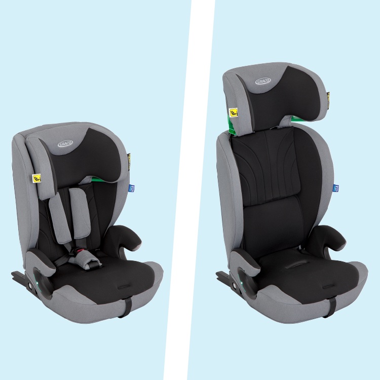 Three quarter angle of the harness booster mode and highback booster mode for Graco’s Energi i-Size R129 car seat. 
