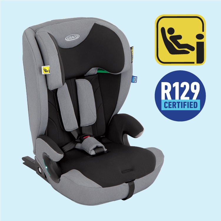 Three quarter image of Graco Energi i-Size R129 car seat with i-Size and R129 logos. 
