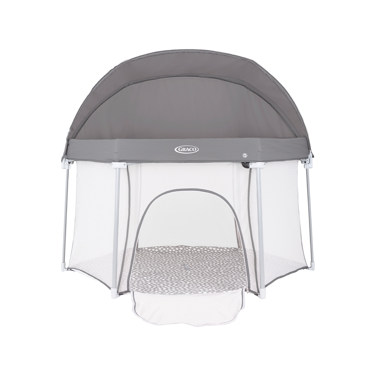 Graco EverGo playpen with canopy front angle on white background.