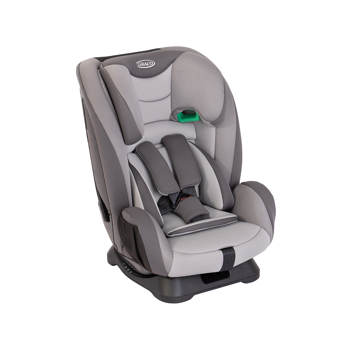 Dreiviertel-Winkel des mitwachsenden 2-in-1 Kindersitzes Graco® FlexiGrow™ R129 mit integriertem 5-Punkt-Gurtsystem.
