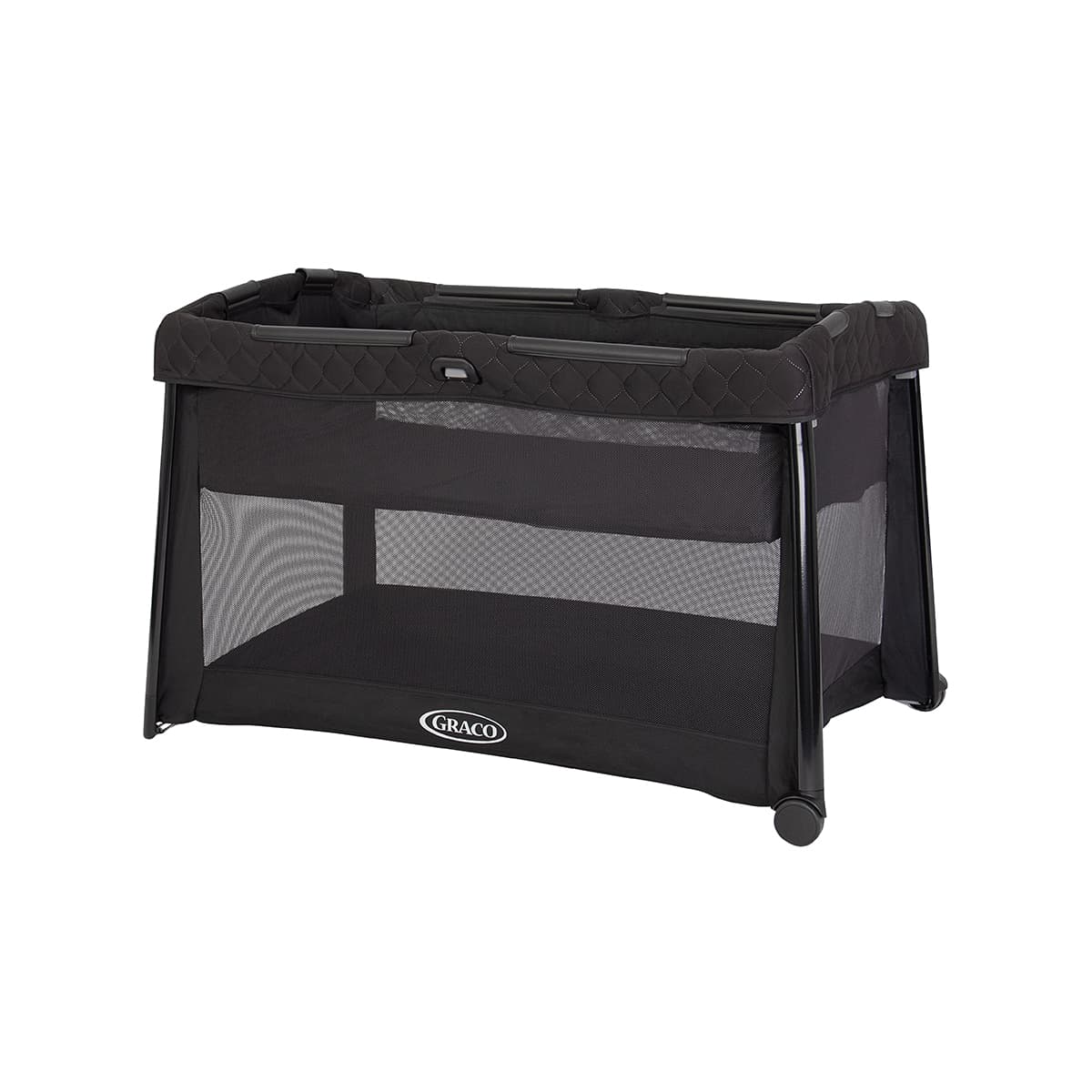 Graco FoldLite LX Travel Cot with Bassinet in travel cot mode three quarter angle on white background.
