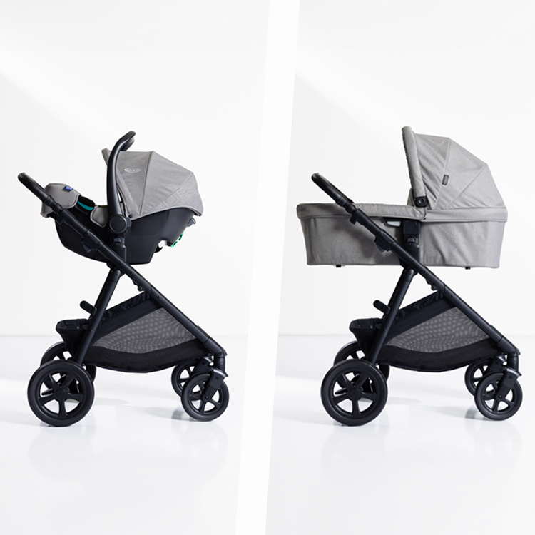 Profilansichten des Graco Near2Me™ DLX Kombi-Kinderwagens mit aufgesteckter Babyschale SnugLite™ i-Size R129 und aufgesteckter Babywanne auf weißem Hintergrund
