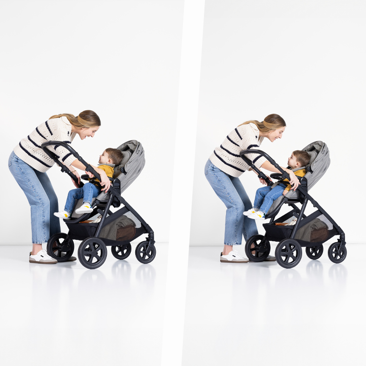 Immagini affiancate della mamma che regola l'altezza del passeggino Near2Me DLX mentre sorride al bambino.
