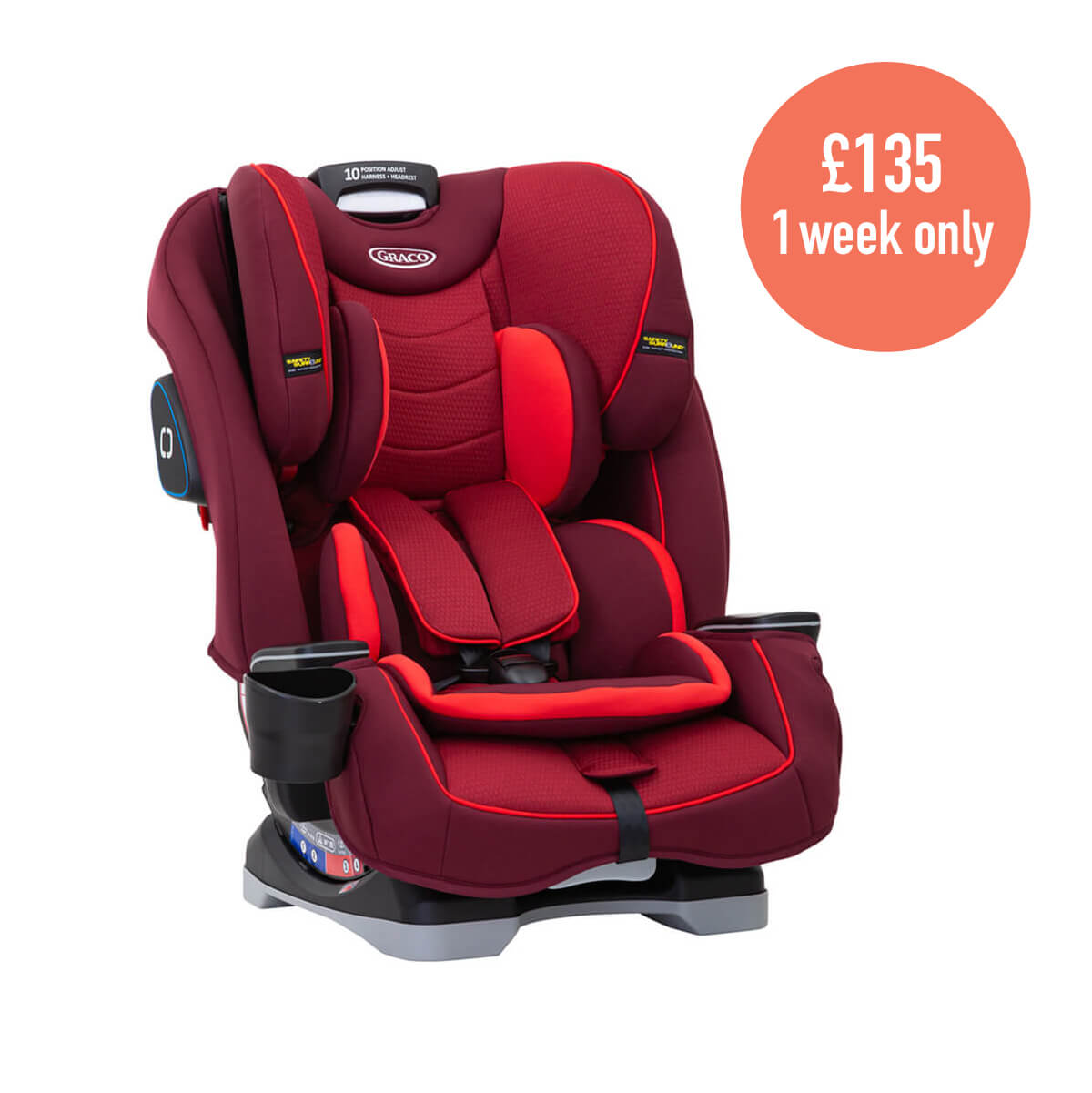 Three quarter image of Graco SlimFit 3-in-1 car seat Chili fashion on white background with text that says £135, 1 week only. 