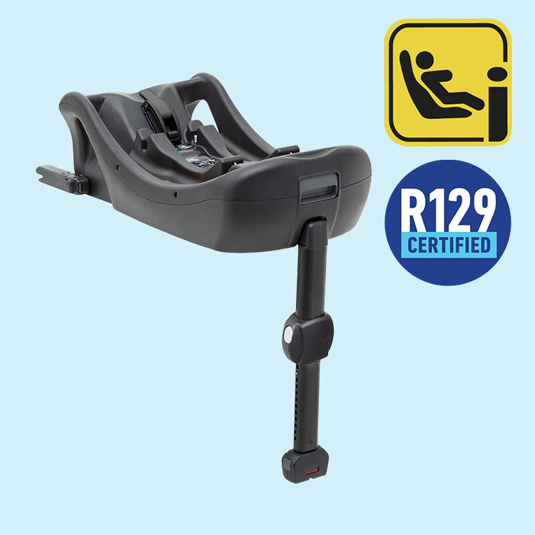 Three quarter angle of the SnugLite i-Size R129 ISOIX car seat base with i-Size and R129 logos on blue background
