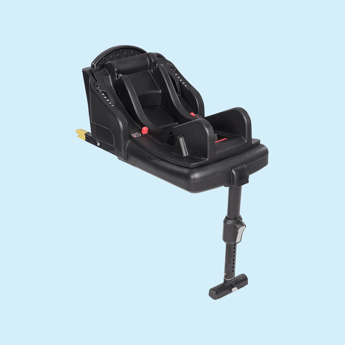 Plano de tres cuartos de la base para silla de coche Graco® SnugRide® i-Size R129 con pata de apoyo multiposición y 7 posiciones de reclinado sobre fondo azul
