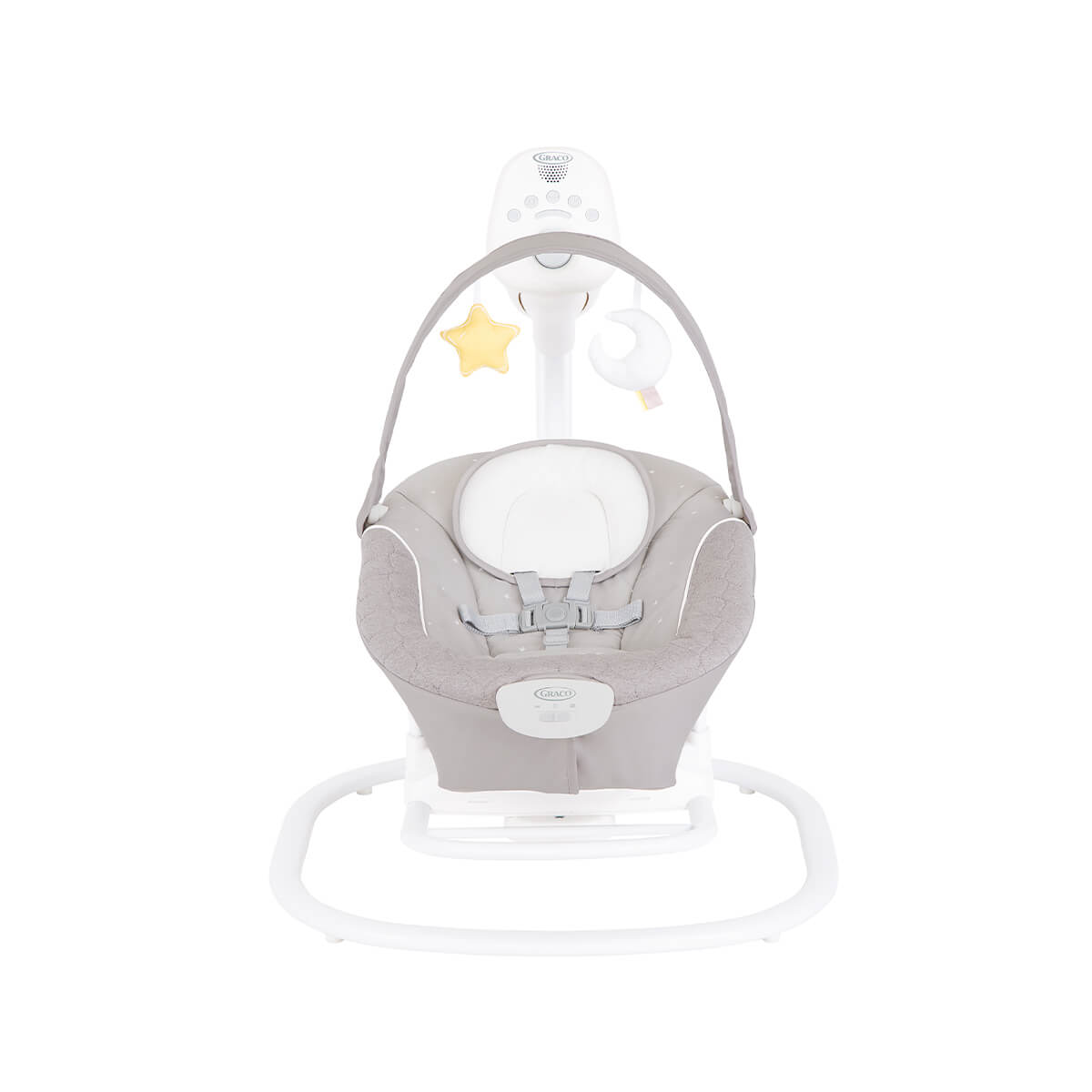 Frontansicht der leisen Babyschaukel Graco® SoftSway™ vor weißem Hintergrund
