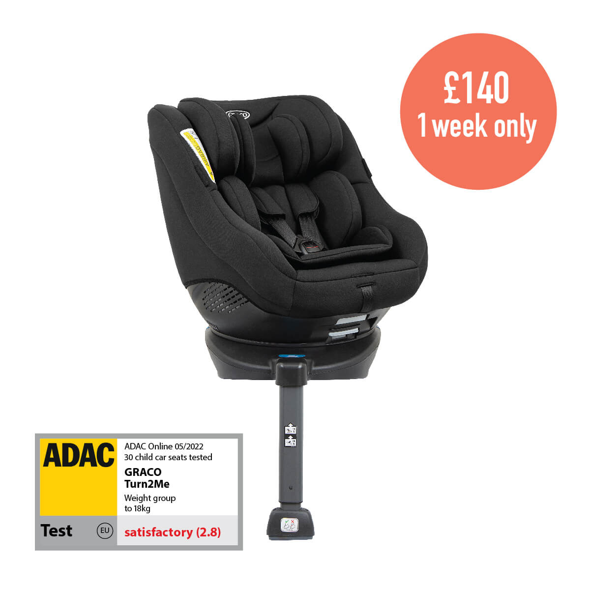 Three quarter image of Graco Turn2Me 360 rotating ISOFIX car seat in black fashion on white background with text that says £140, 1 week only with ADAC logo.