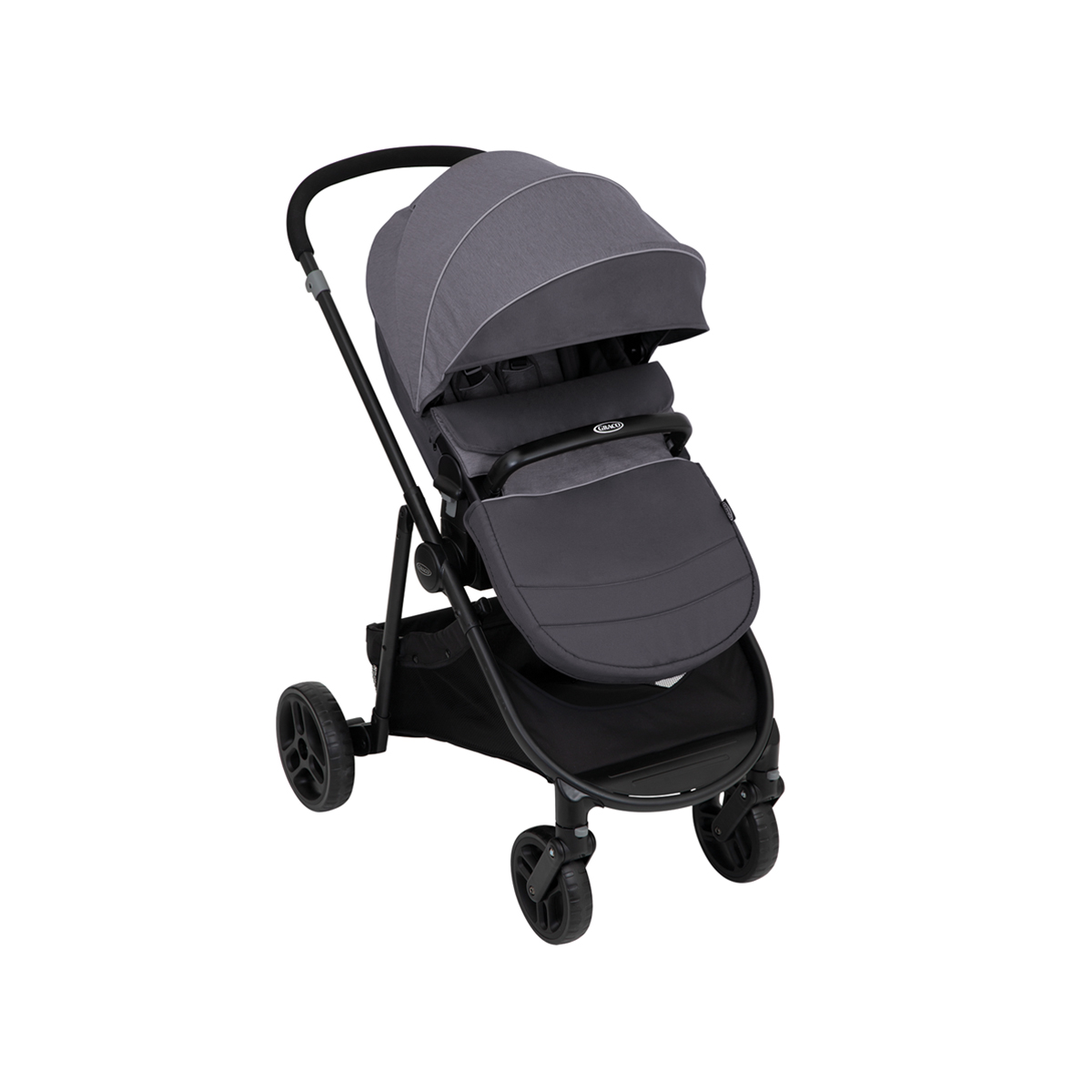 Graco Transform in pushchair mode with apron three quarter angle