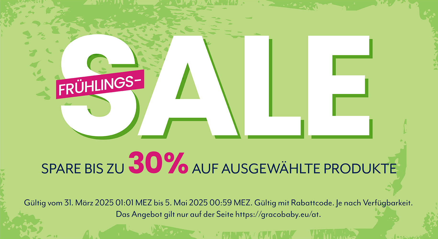 Grünes Banner mit großem Text: „Frühlings-Sale SPARE BIS ZU 30% AUF AUSGEWÄHLTE PRODUKTE“
