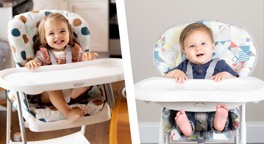 Split image of baby girl smiling in SnackEase and baby boy smiling in Snack N' Stow