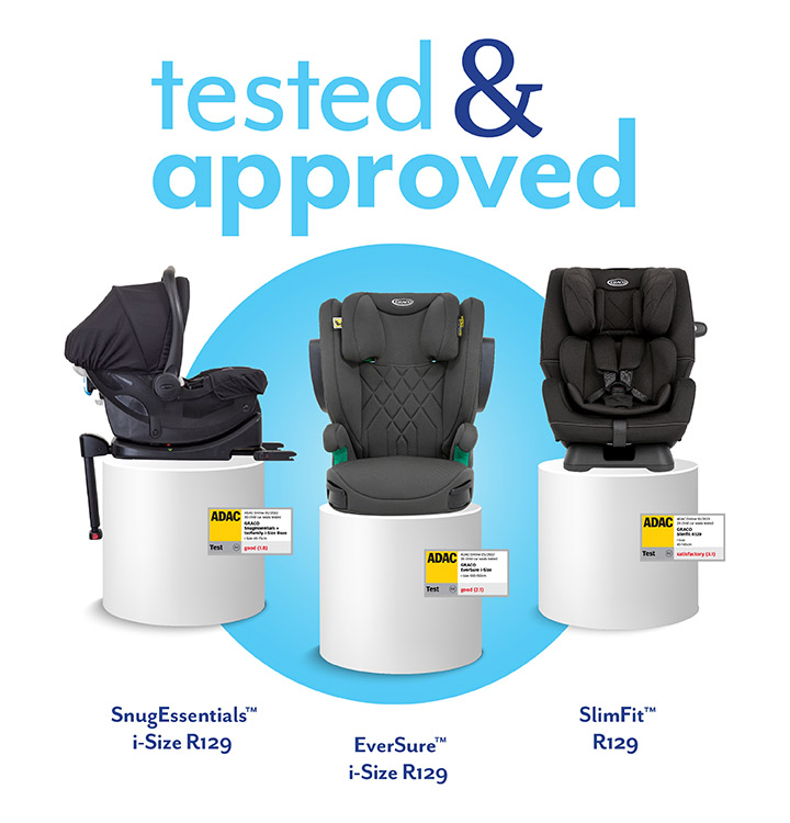 Graco's SnugEssentials i-Size R129, EverSure i-Size R129 and SlimFit R129 car seats on a white pedestal with ADAC badges.