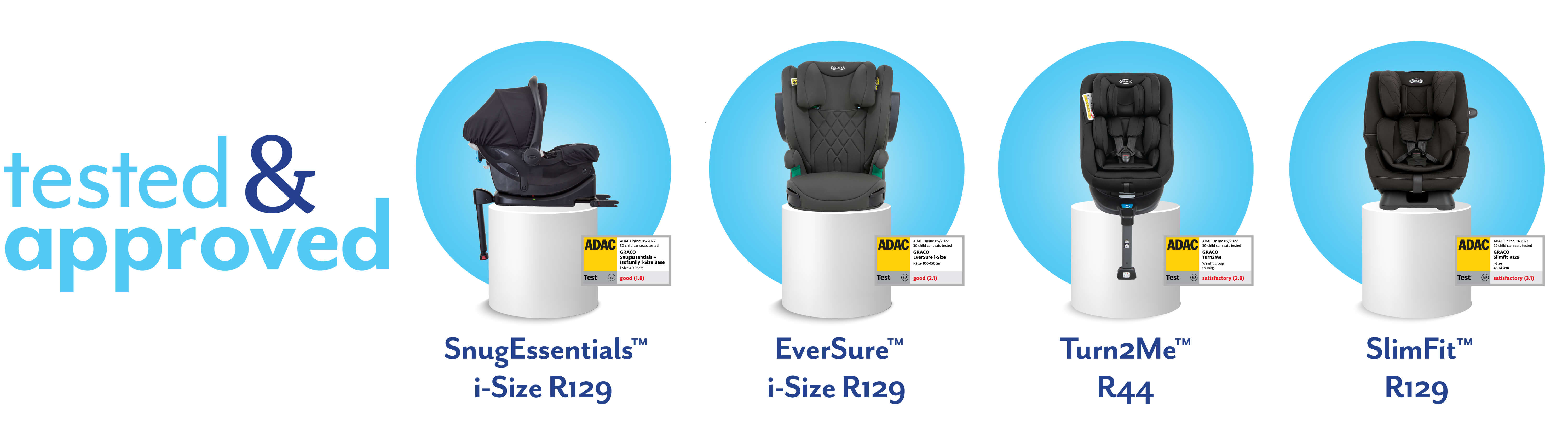Graco's SnugEssentials, EverSure i-Size Turn2Me and SlimFit R129 car seats on a white pedestal