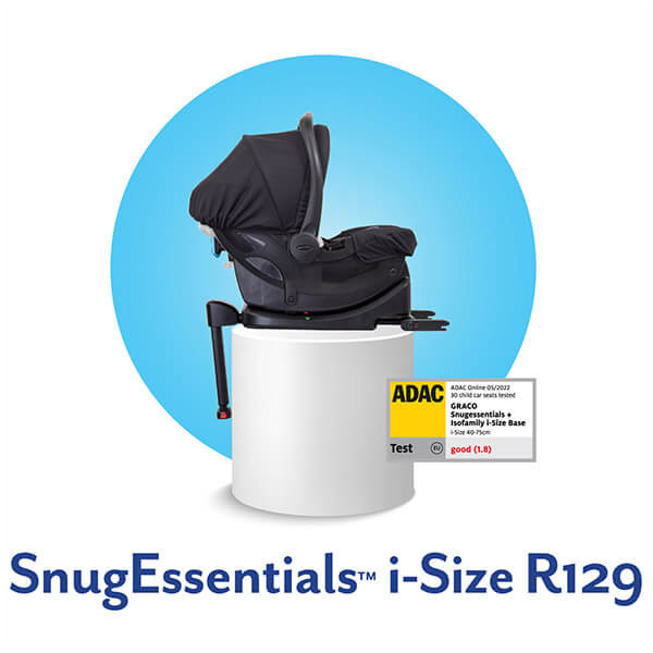 Graco's SnugEssentials i-Size infant car seat and IsoFamily i-Size ISOFIX base on white pedestal