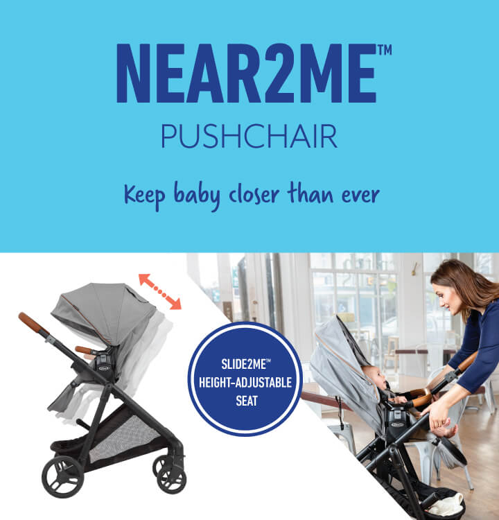 Mum in cafe with baby using Graco Near2Me pushchair with Slide2Me height-adjustable chair text.