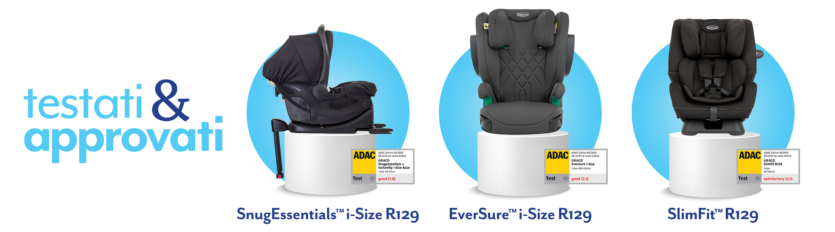 Seggiolini auto Graco SnugEssentials i-Size R129, EverSure i-Size R129 e SlimFit R129 su un piedistallo bianco con distintivi ADAC.