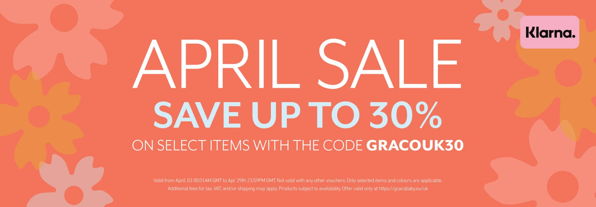 Orange banner with flower graphics and text reading "April Sale, Save up to 30%